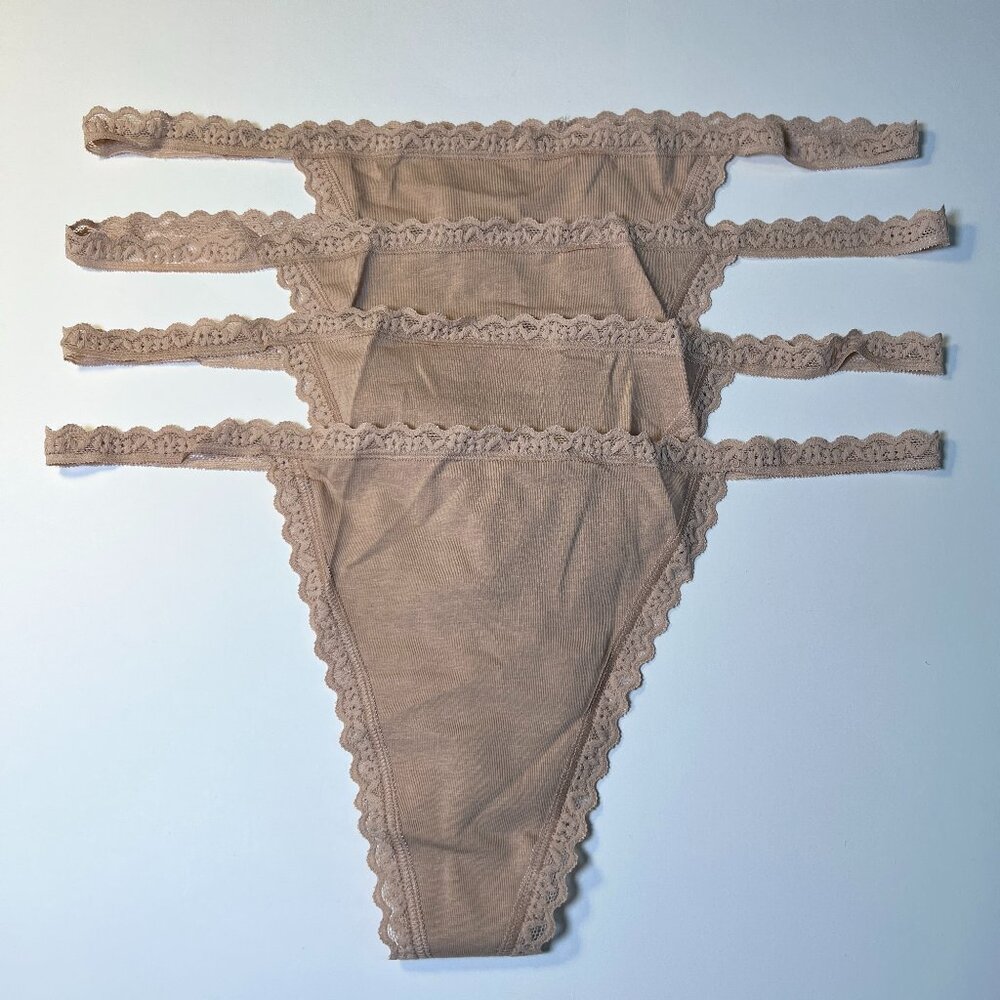Victoria Secret XL Thong V-String Lace Trim Cotton Panties Beige Lot of 4